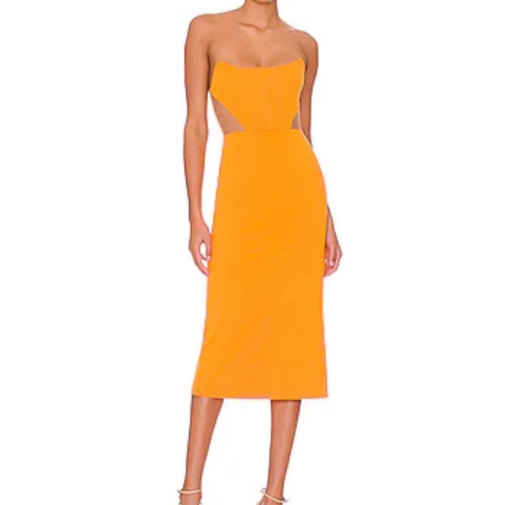 NBD orange strapless midi dress